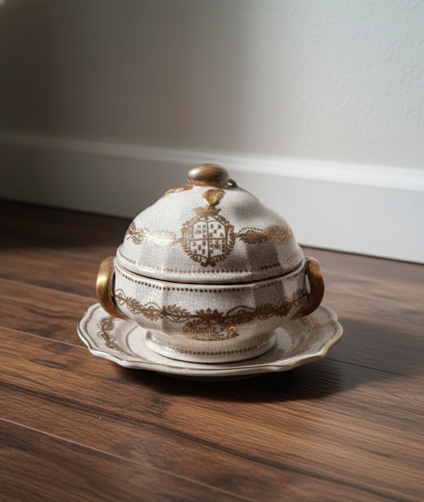 Vintage Wong Lee WL 1895 Porcelain Tureen with Saucer Crackle Glaze Gold Accents