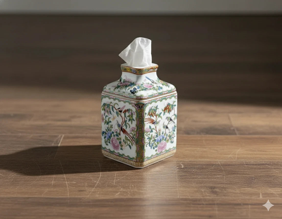 Rose Canton Porcelain Tissue Box Cover 5.5"x5.5"x8" Vintage Chinoiserie Square D