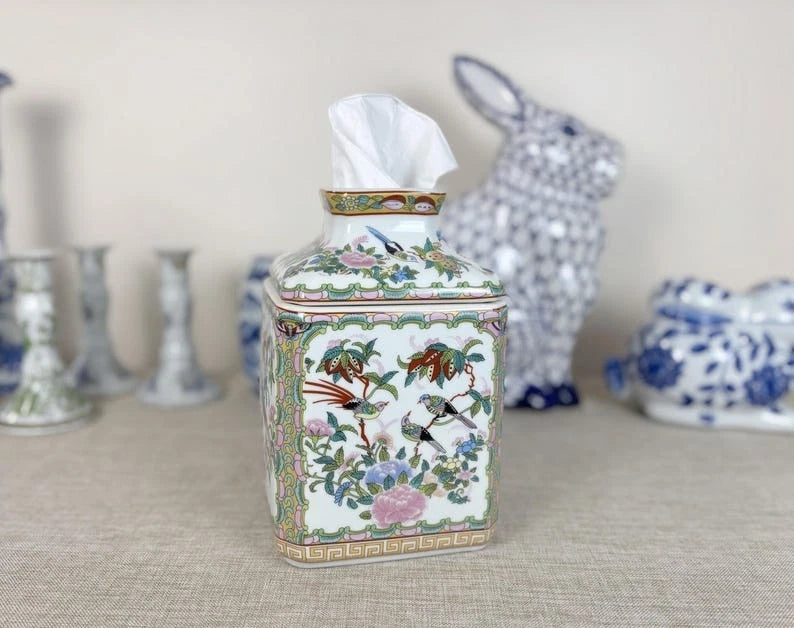 Rose Canton Porcelain Tissue Box Cover 5.5"x5.5"x8" Vintage Chinoiserie Square D