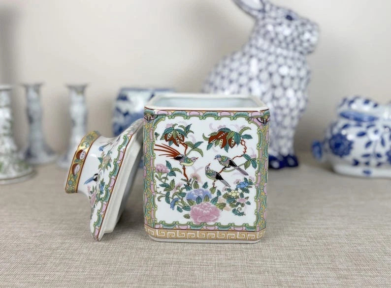 Rose Canton Porcelain Tissue Box Cover 5.5"x5.5"x8" Vintage Chinoiserie Square D