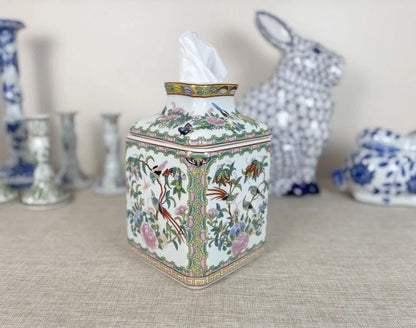 Rose Canton Porcelain Tissue Box Cover 5.5"x5.5"x8" Vintage Chinoiserie Square D