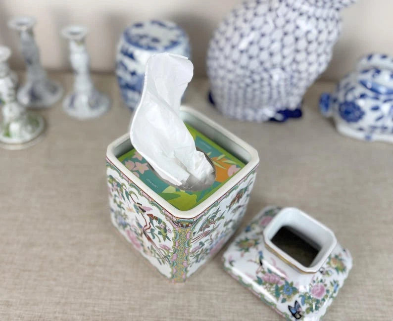 Rose Canton Porcelain Tissue Box Cover 5.5"x5.5"x8" Vintage Chinoiserie Square D