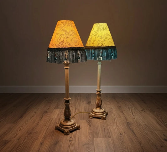 Vintage Table Lamp Pair Hollywood Regency Beaded Fringe Shades Plug In Bedside A