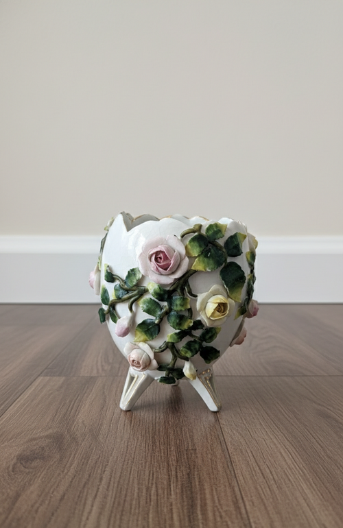 Antique German Porcelain Miniature Vase Art Nouveau Applied Roses Pedestal 4.25"