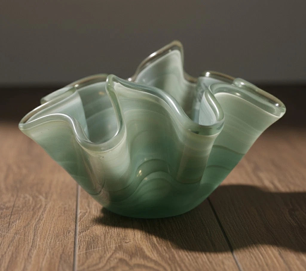 Murano Art Glass Ruffled Bowl 10" Green White Swirl Handkerchief Rim Italian Vin