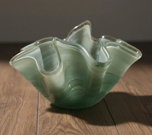Murano Art Glass Ruffled Bowl 10" Green White Swirl Handkerchief Rim Italian Vin